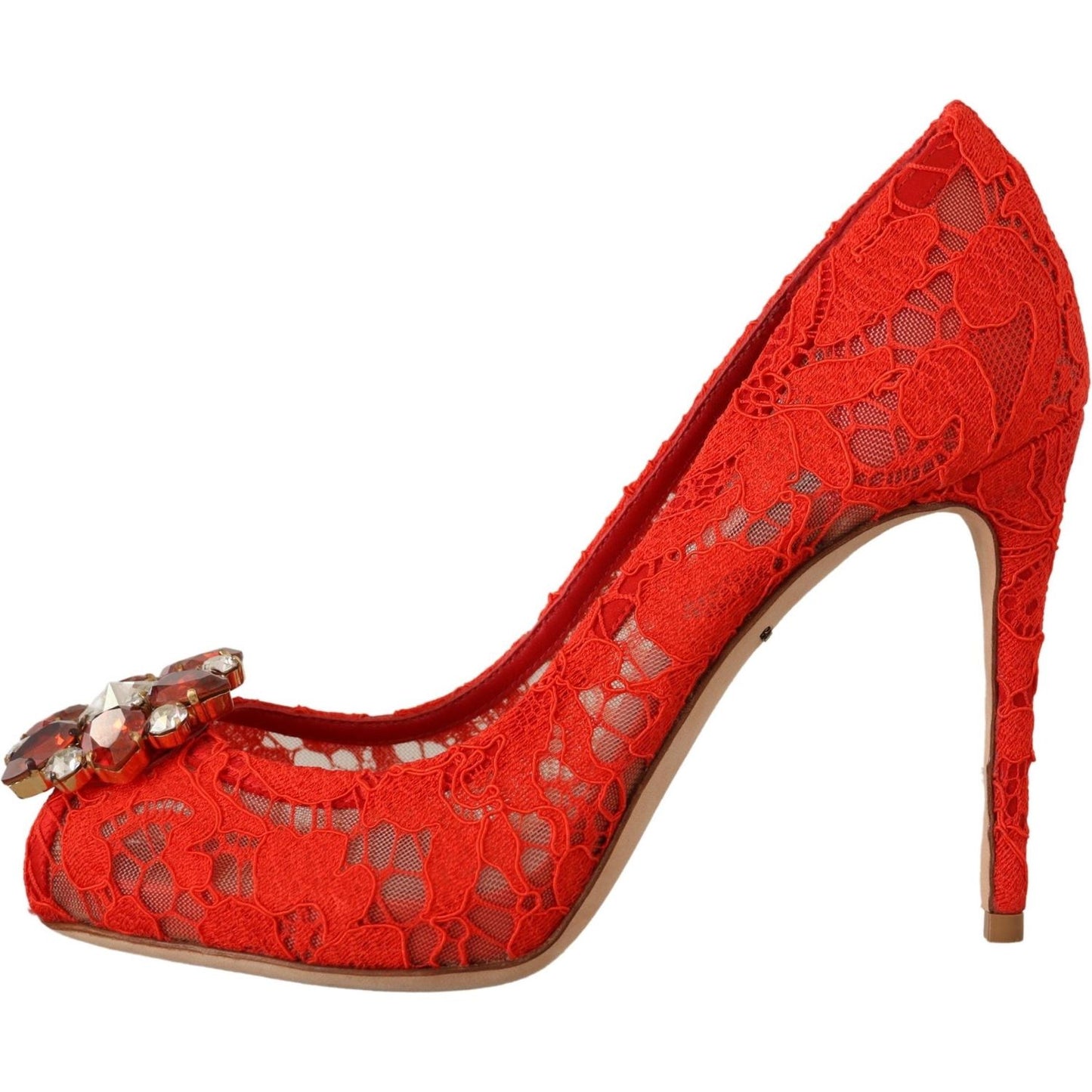 Dolce & Gabbana Red Crystal Taormina Lace Heels Pumps Dolce & Gabbana