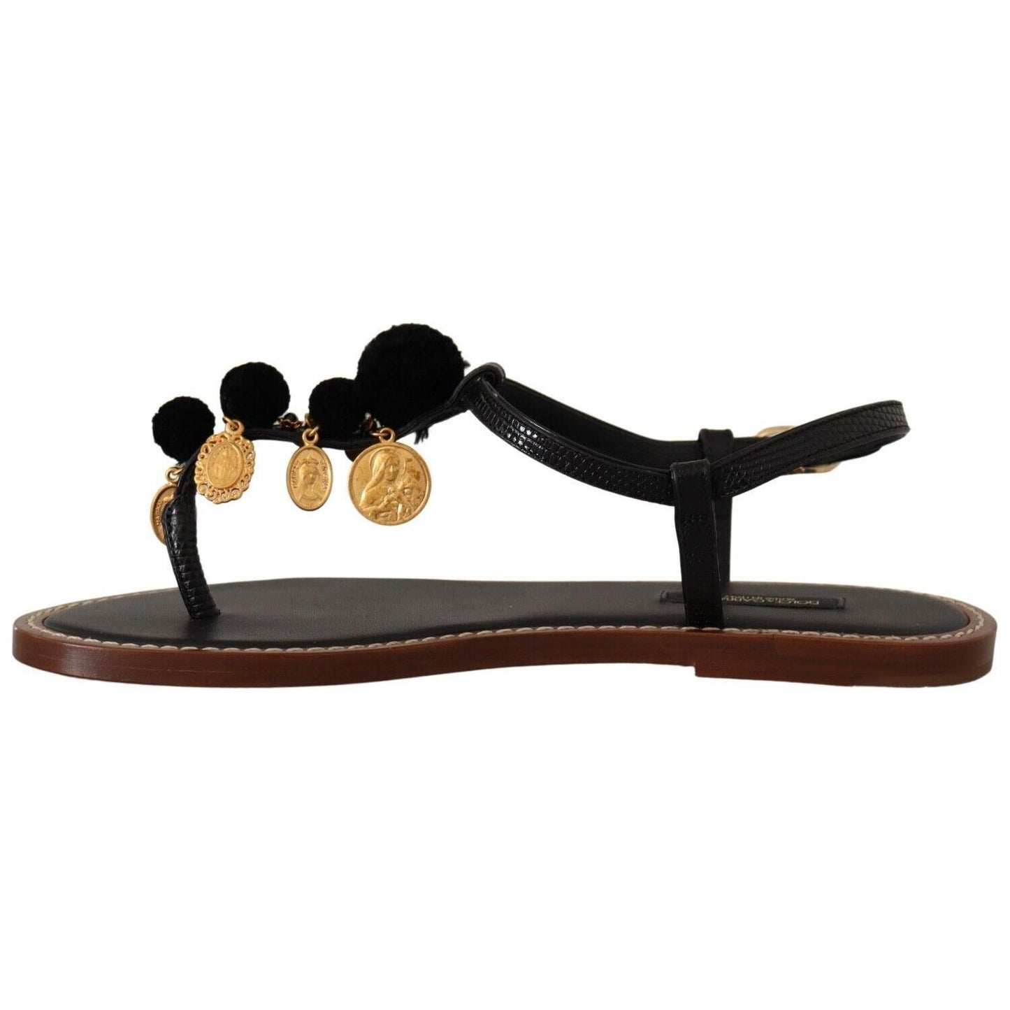 Dolce & Gabbana Chic Leather Ankle Strap Flats with Gold Detailing Dolce & Gabbana