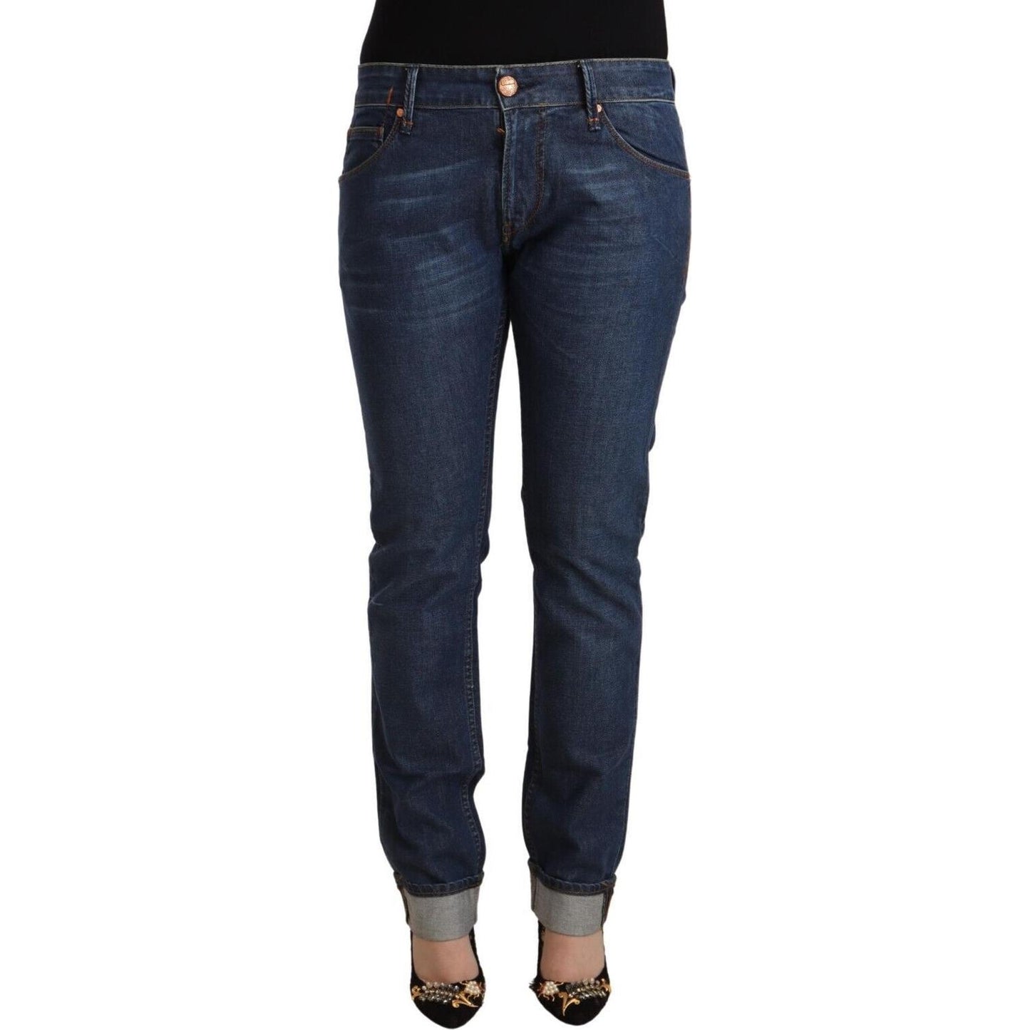 Acht Dark Blue Cotton Slim Fit Folded Hem Denim Jeans