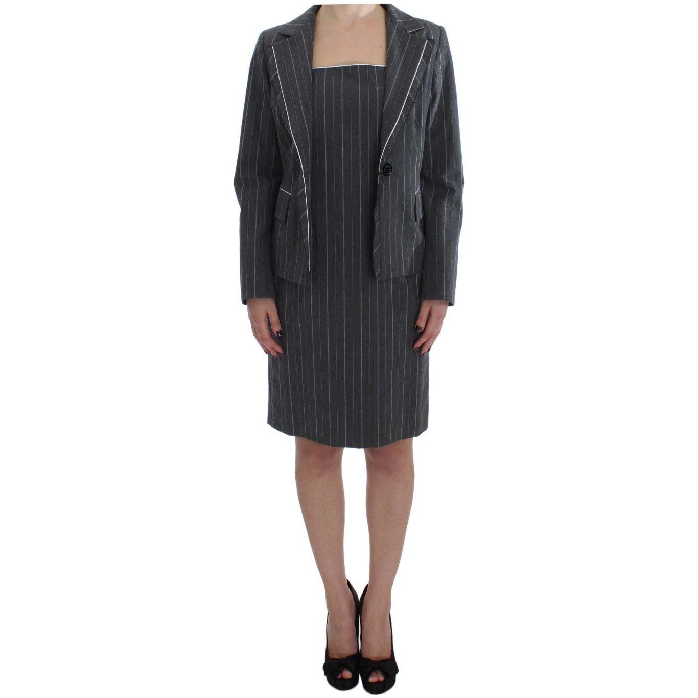 BENCIVENGA Elegant Gray Striped Dress & Blazer Suit Set BENCIVENGA