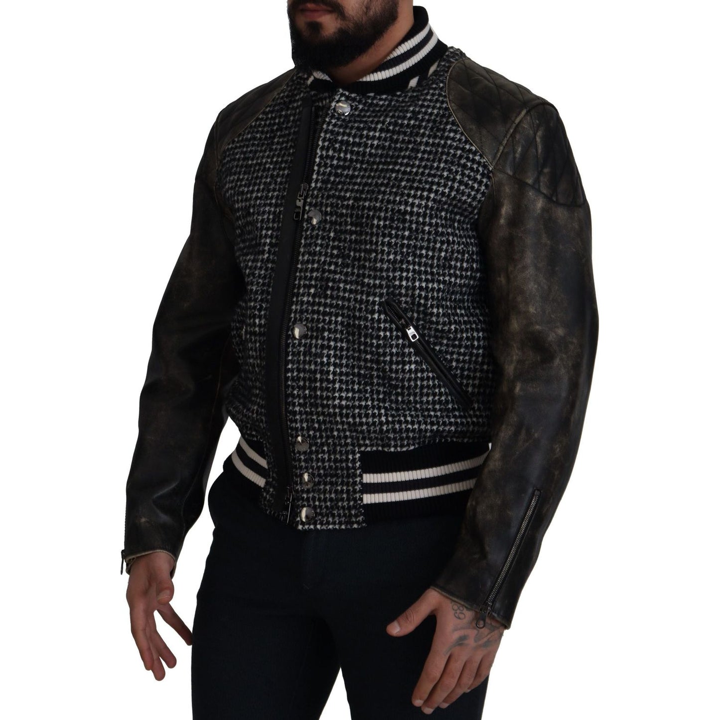 Dolce & Gabbana Multicolor Houndstooth Leather Bomber Jacket Dolce & Gabbana