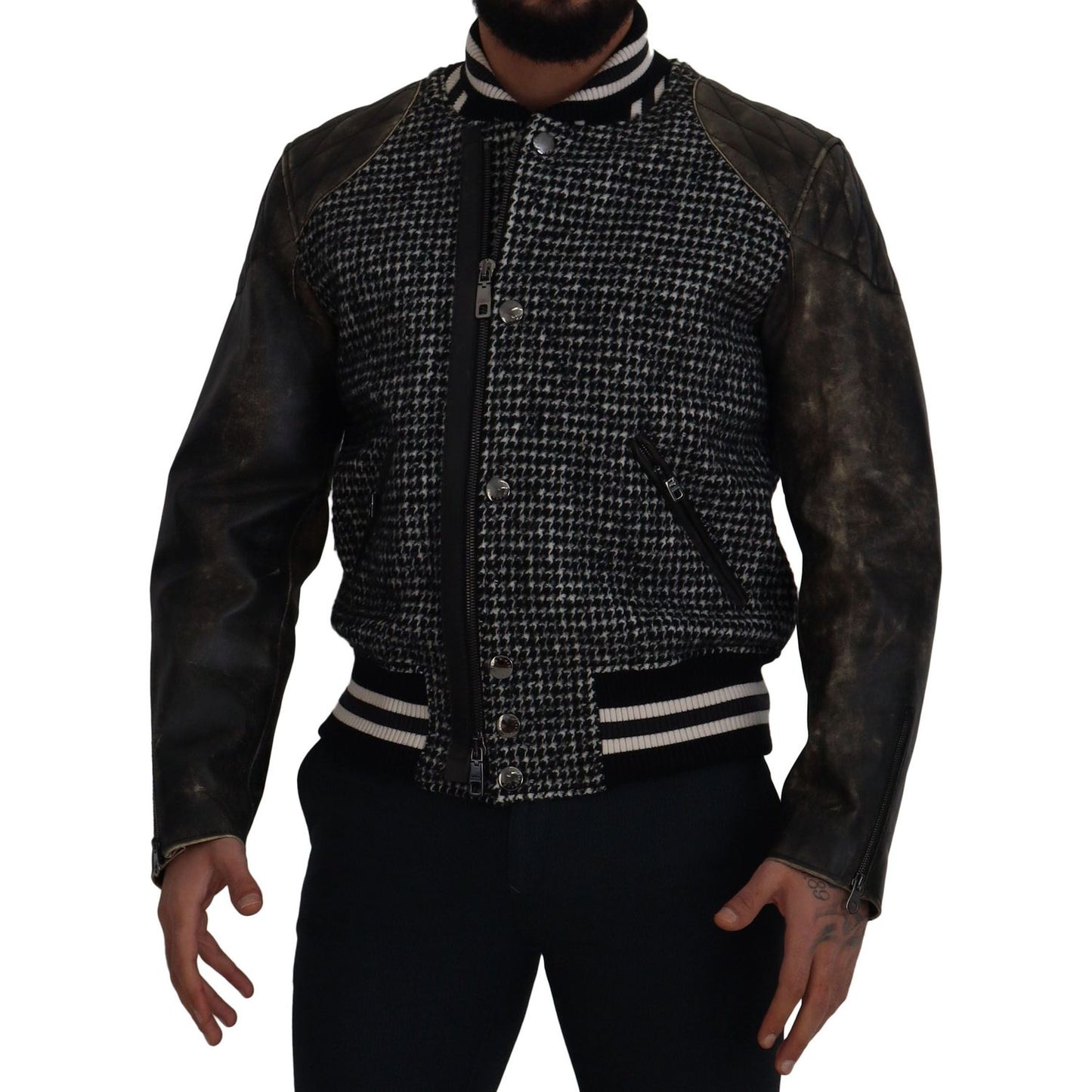 Dolce & Gabbana Multicolor Houndstooth Leather Bomber Jacket Dolce & Gabbana