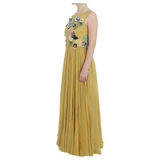 Dolce & Gabbana Enchanting Yellow Silk Floral Appliqué Gown Dolce & Gabbana