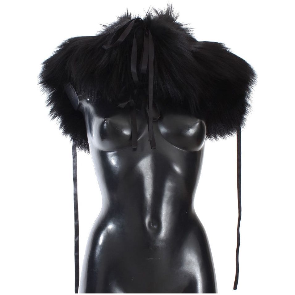 Dolce & Gabbana Elegant Black Fox Fur Silk Shoulder Wrap Fur Wrap Scarves Dolce & Gabbana