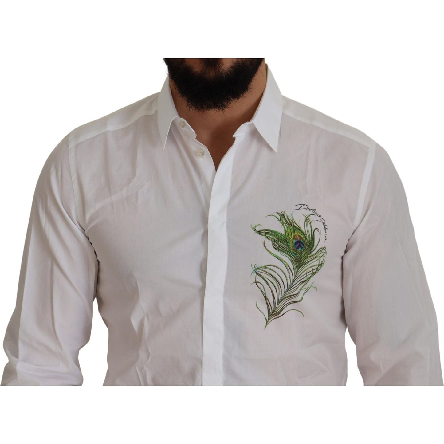 Dolce & Gabbana Elegant White Peacock Feather Dress Shirt Dolce & Gabbana