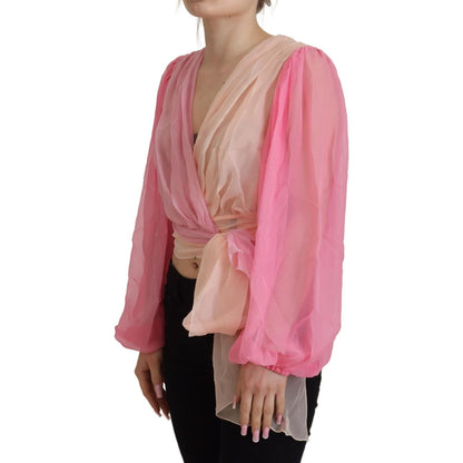 Dolce & Gabbana Pink Silk Wrap Long Sleeves Blouse Top