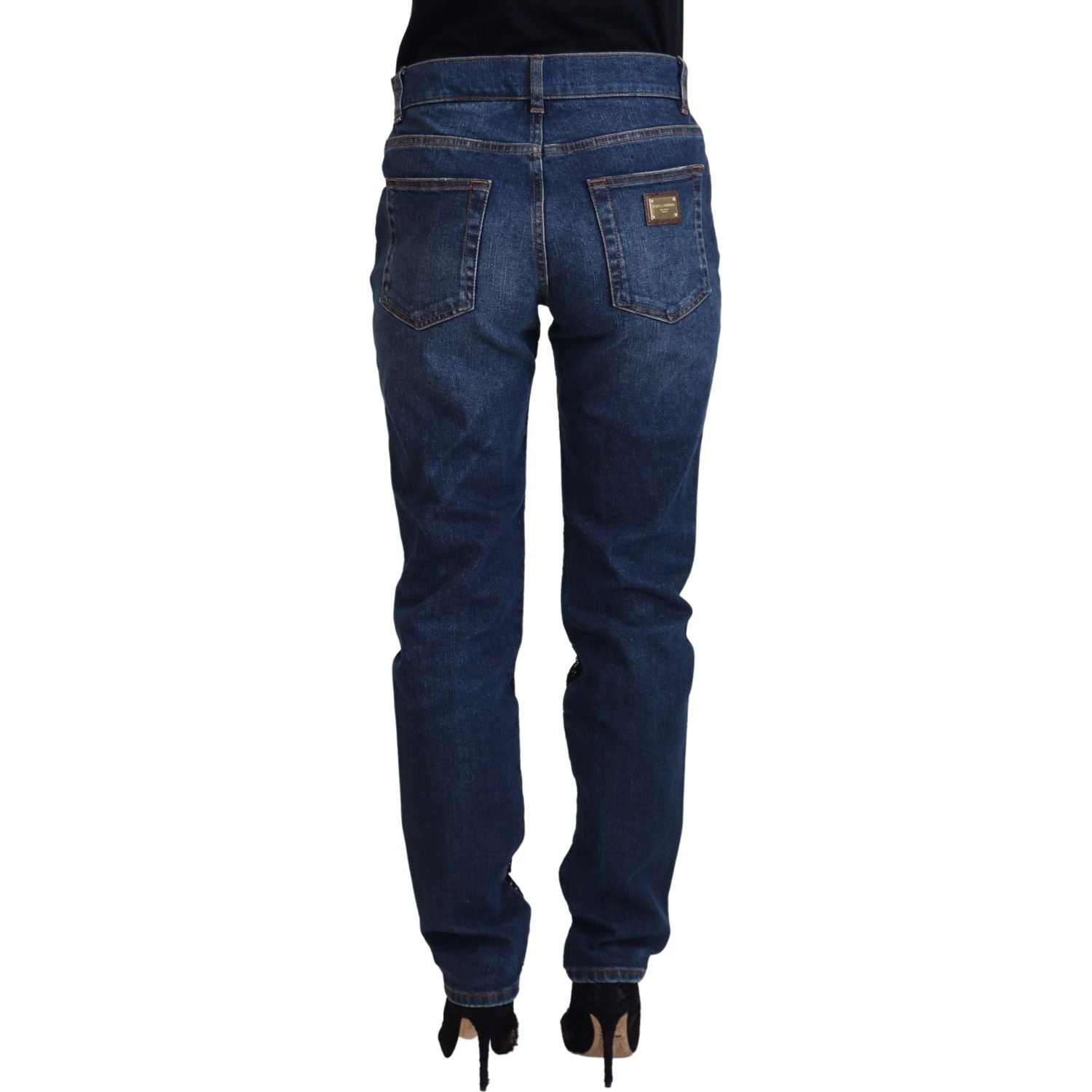 Dolce & Gabbana Black Floral Lace Front Skinny Denim Jeans