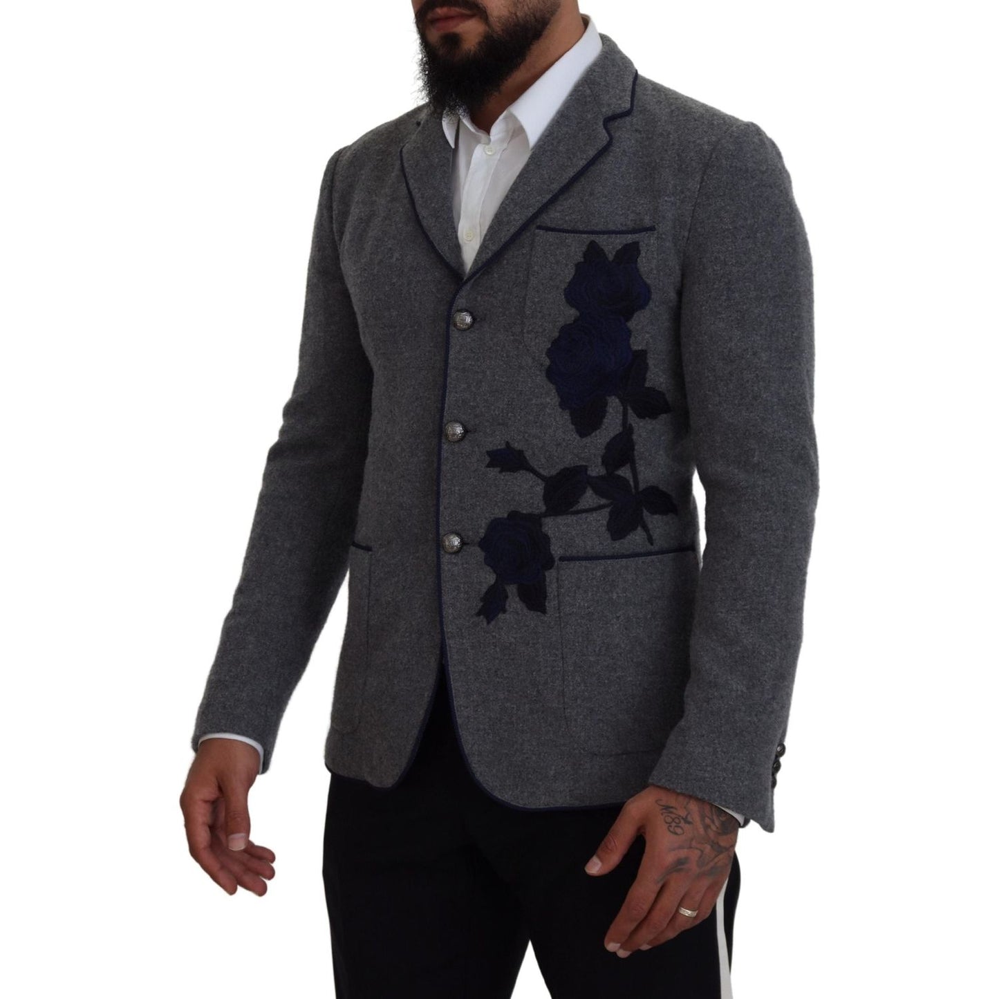 Dolce & Gabbana Elegant Gray Wool Blazer with Blue Rose Embroidery Dolce & Gabbana