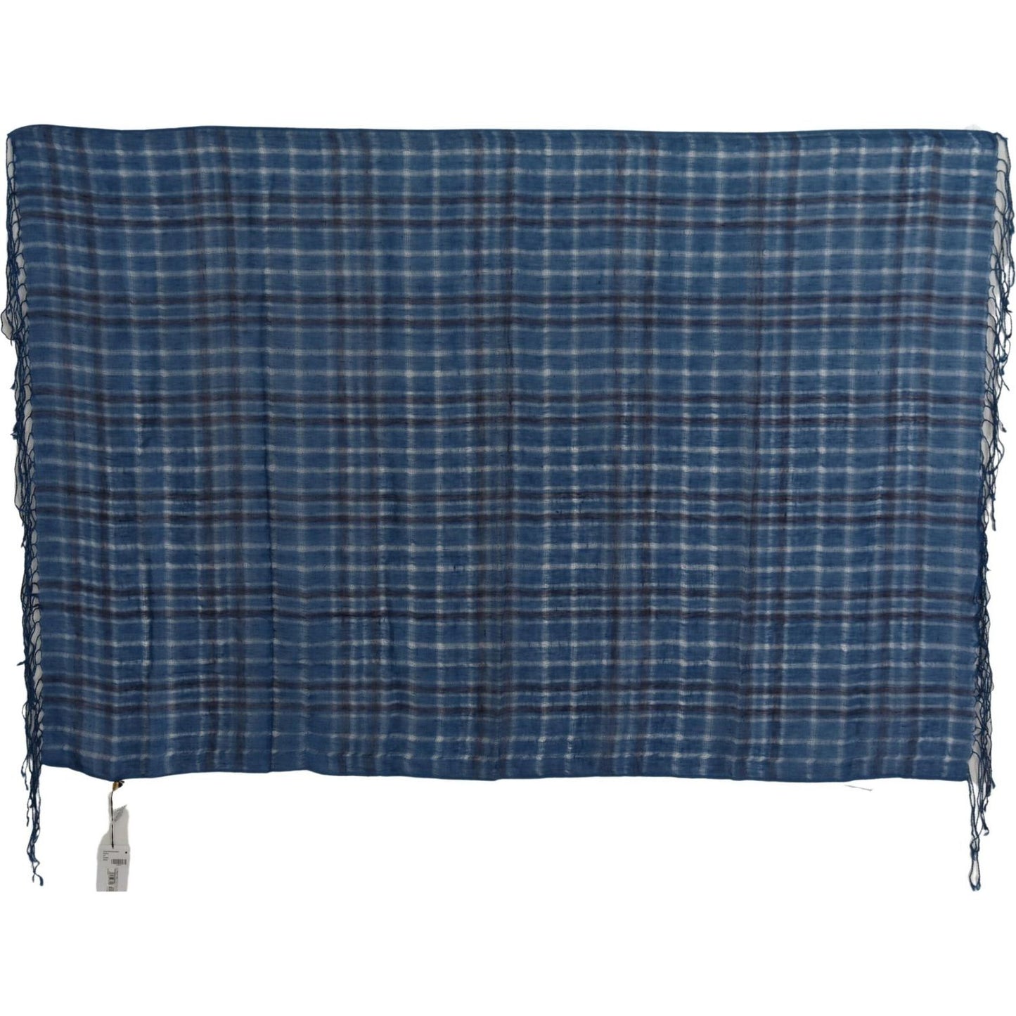 Costume National Chic Linen Fringed Scarf in Blue Checkered Costume National