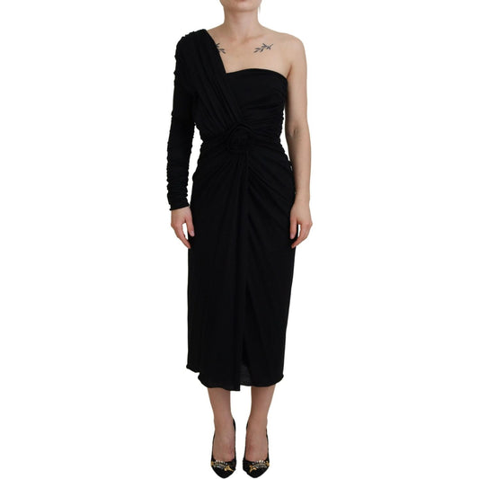 Dolce & Gabbana Black Wrap Sheath One Shoulder Wool Dress