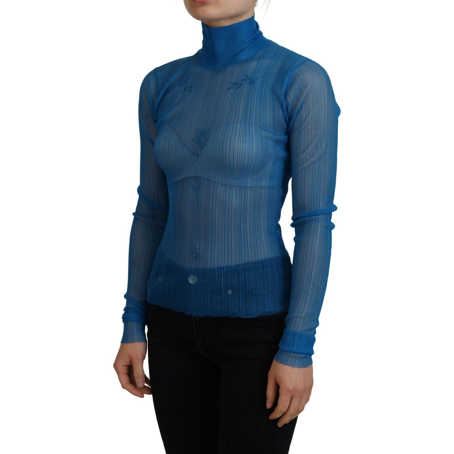 Dolce & Gabbana Blue Mesh Turtleneck Long Sleeve Blouse Top