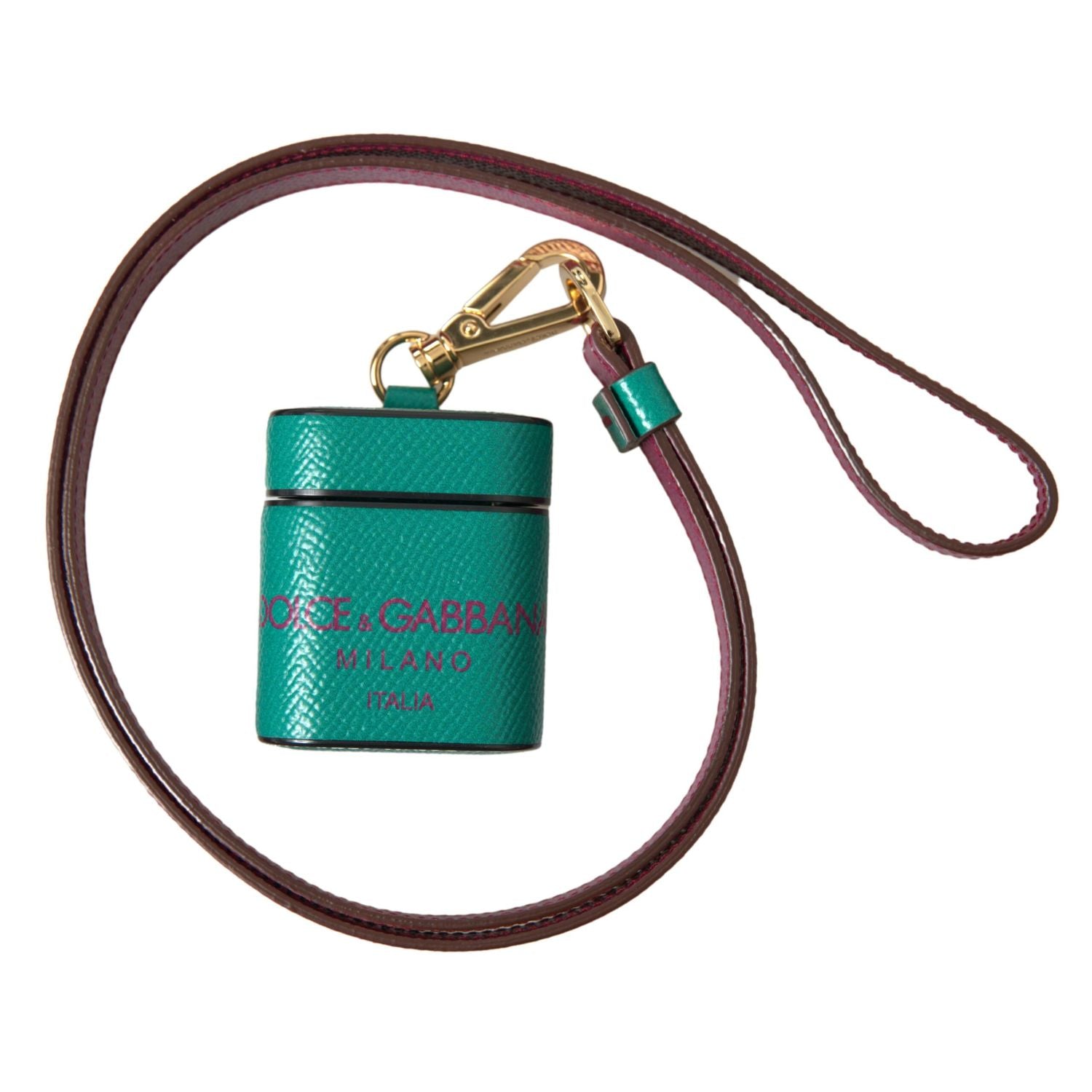 Dolce & Gabbana Green Maroon Calf Leather Logo Print Strap Airpods Case