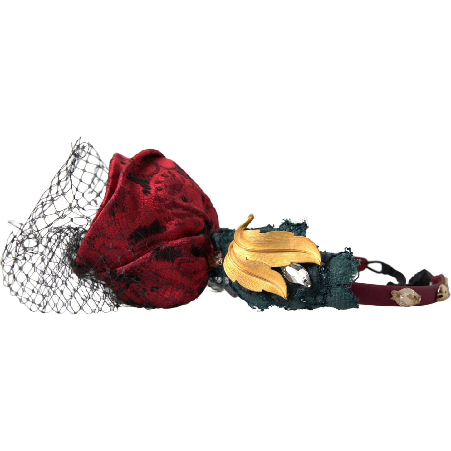 Dolce & Gabbana Red with multicolor Rose Silk Crystal Netted Logo Diadem Headband