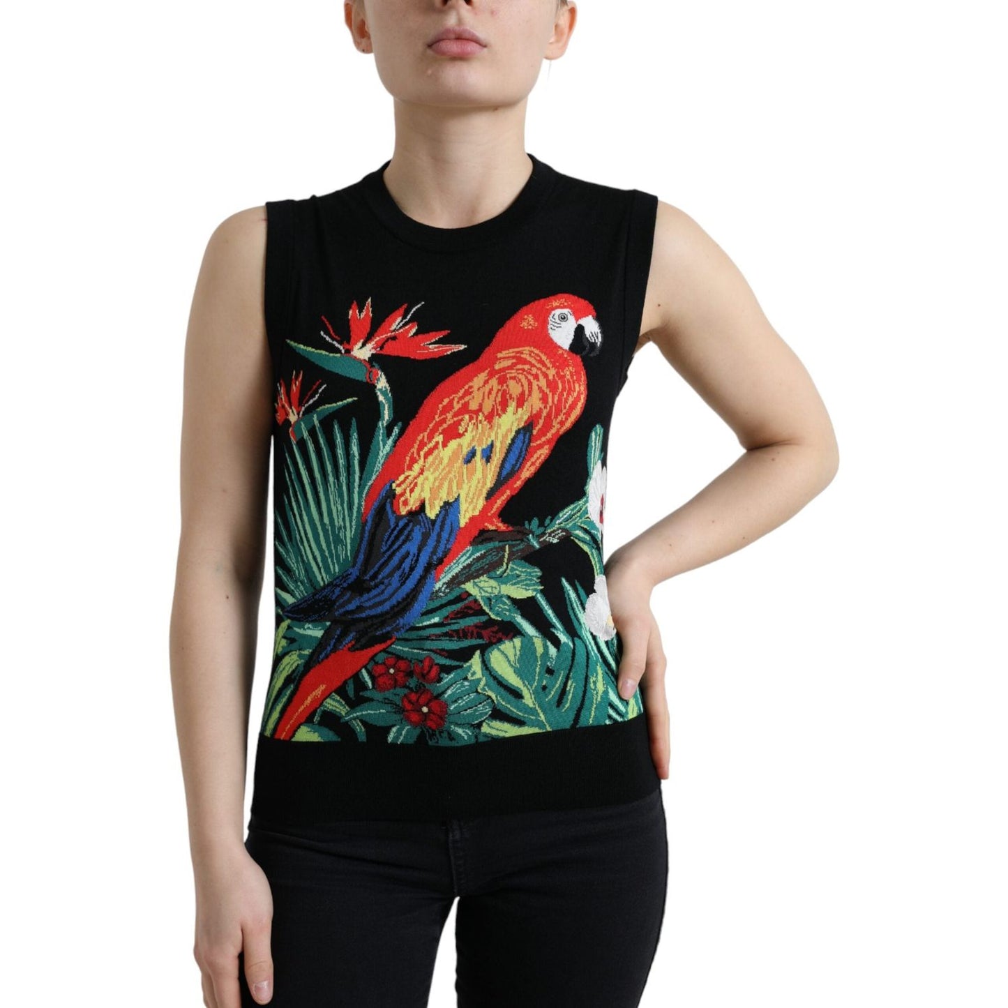 Dolce & Gabbana Elegant Crew Neck Wool Silk Tank with Bird Embroidery Dolce & Gabbana