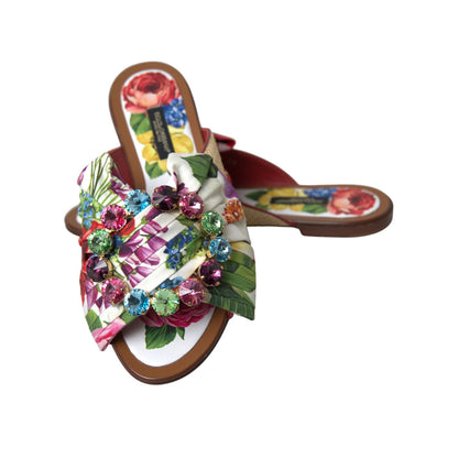Dolce & Gabbana Multicolor Floral Flats Crystal Sandals Shoes