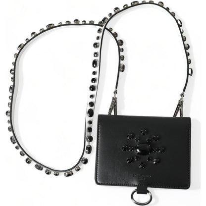 Dolce & Gabbana Black Leather Crystal Embellished Card Holder Wallet