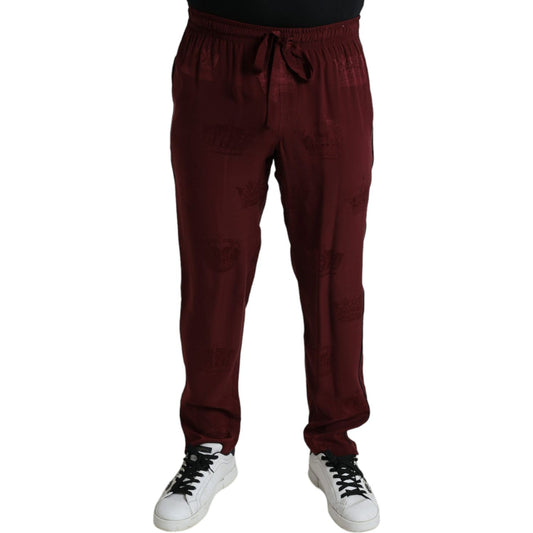 Dolce & Gabbana Maroon Crown Pattern Silk Pajama Pants