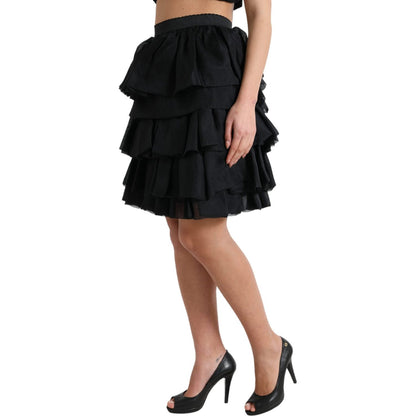 Dolce & Gabbana Black Tiered Aline High Waist Silk Mini Skirt