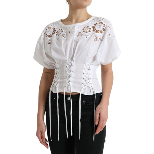 Dolce & Gabbana Elegant White Floral Lace-Up Blouse Dolce & Gabbana