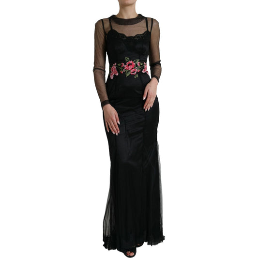 Dolce & Gabbana Black Floral Embroidery Mesh Tulle Gown Dress
