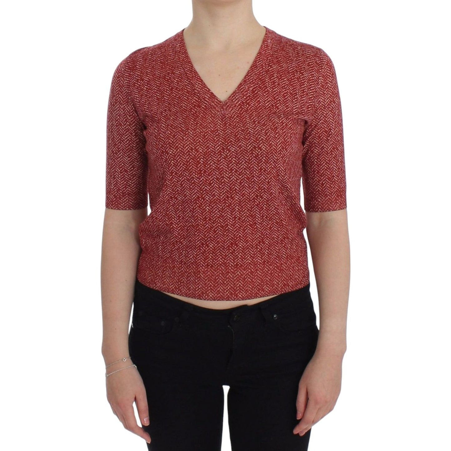 Dolce & Gabbana Red Wool Tweed Short Sleeve Sweater Pullover