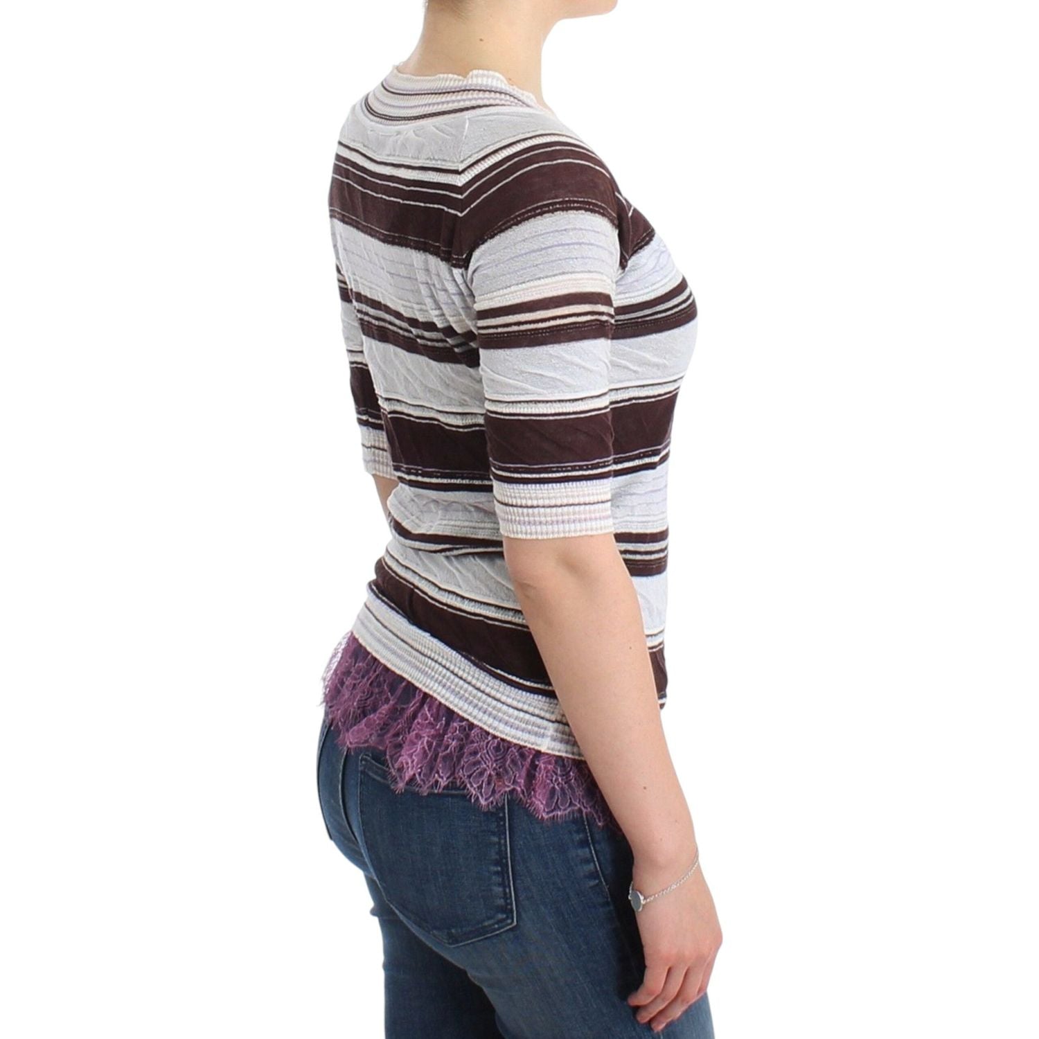 Ermanno Scervino Striped Lace V-Neck Short Sleeve Top Sweater