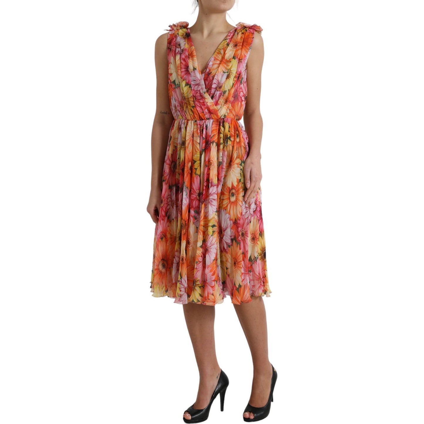 Dolce & Gabbana Multicolor Sunflower Print Silk Midi Dress