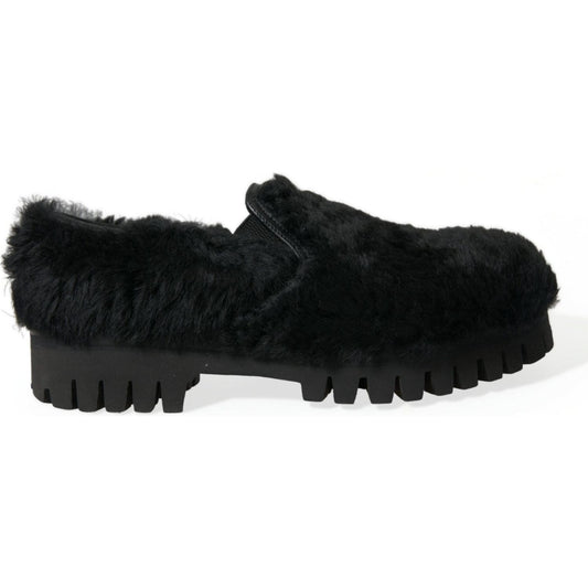 Dolce & Gabbana Black Fur Leather Slippers Dress Shoes
