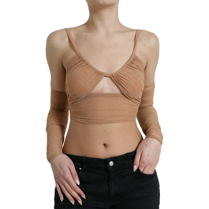 Dolce & Gabbana Brown Nylon Stretch Open Shoulder Cropped Top