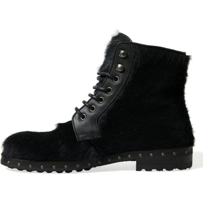 Dolce & Gabbana Black Pony Style Leather Mid Calf Boots Shoes