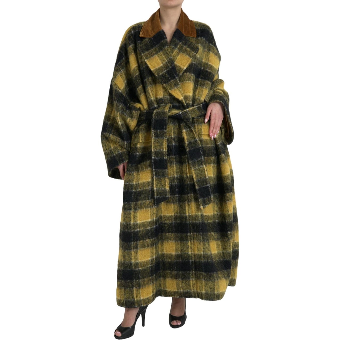 Dolce & Gabbana Chic Checkered Long Trench Coat in Sunny Yellow Dolce & Gabbana