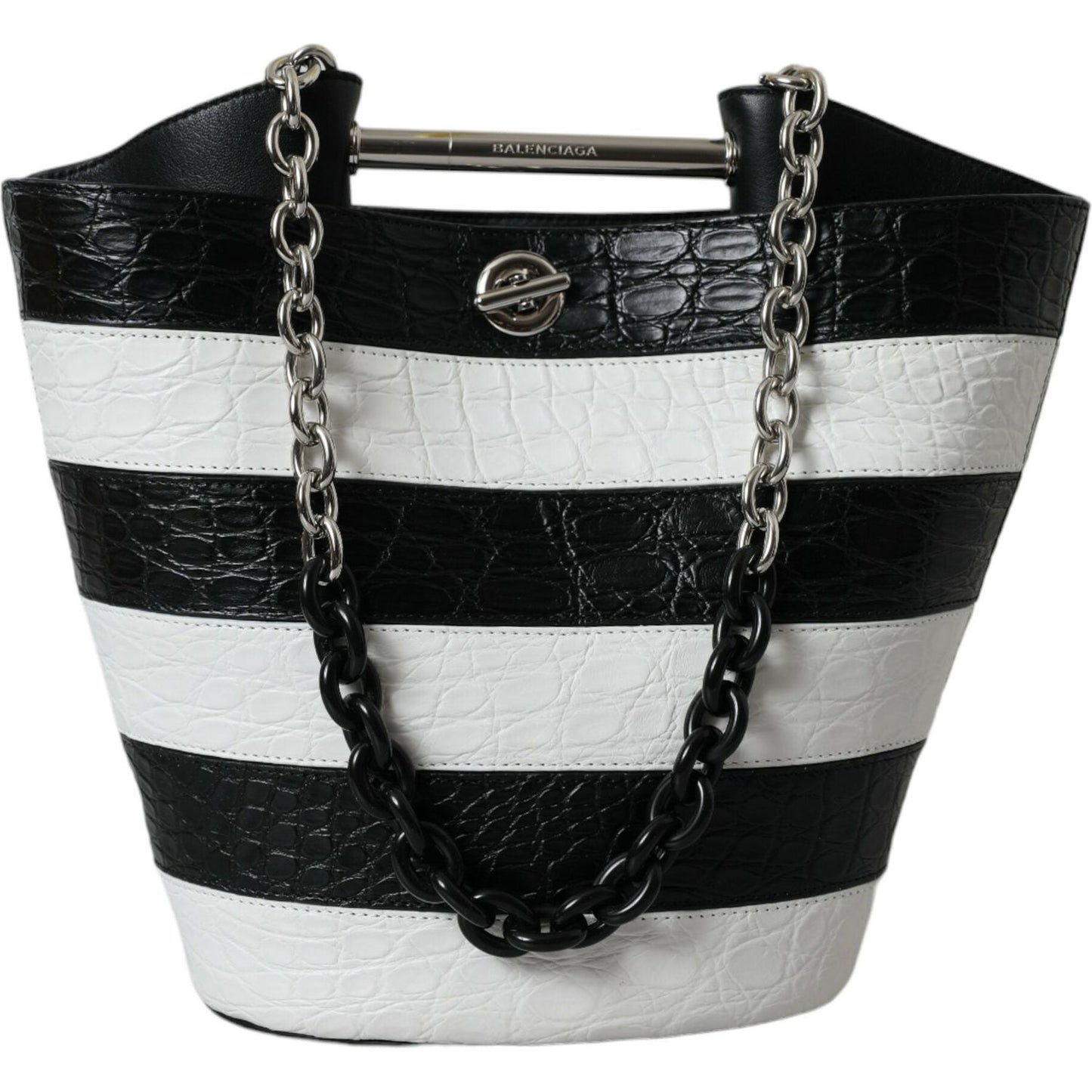 Balenciaga Black White Striped Exotic Skin Leather Maxi Bucket Tote Bag Balenciaga