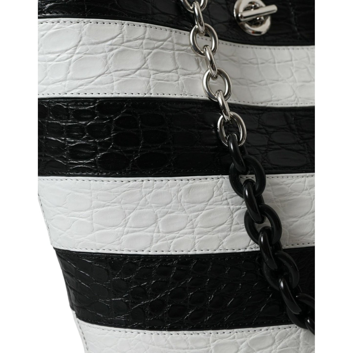 Balenciaga Black White Striped Exotic Skin Leather Maxi Bucket Tote Bag Balenciaga