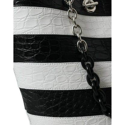 Balenciaga Black White Striped Exotic Skin Leather Maxi Bucket Tote Bag Balenciaga