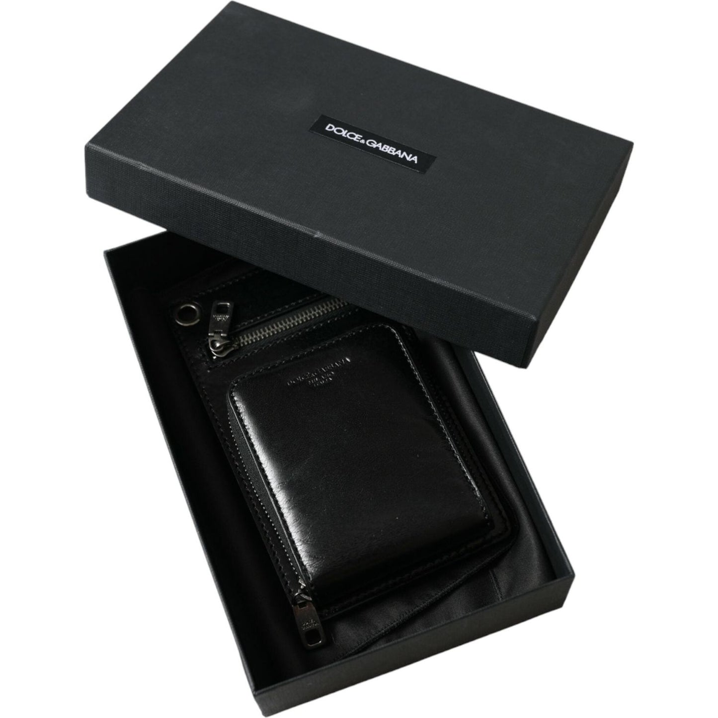 Dolce & Gabbana Black Calf Leather Zip Logo Shoulder Neck Strap Wallet Dolce & Gabbana