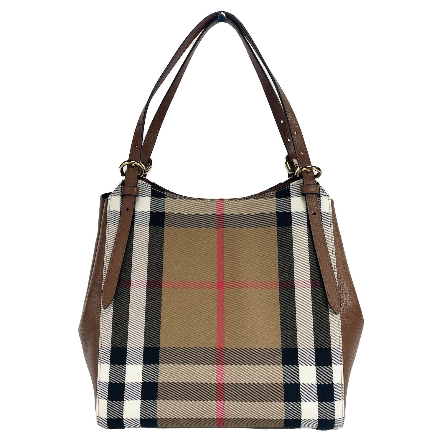 Burberry Small Canterby Tan Leather Check Canvas Tote Bag Purse