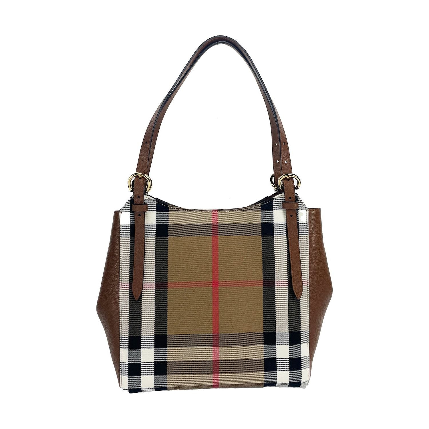 Burberry Small Canterby Tan Leather Check Canvas Tote Bag Purse