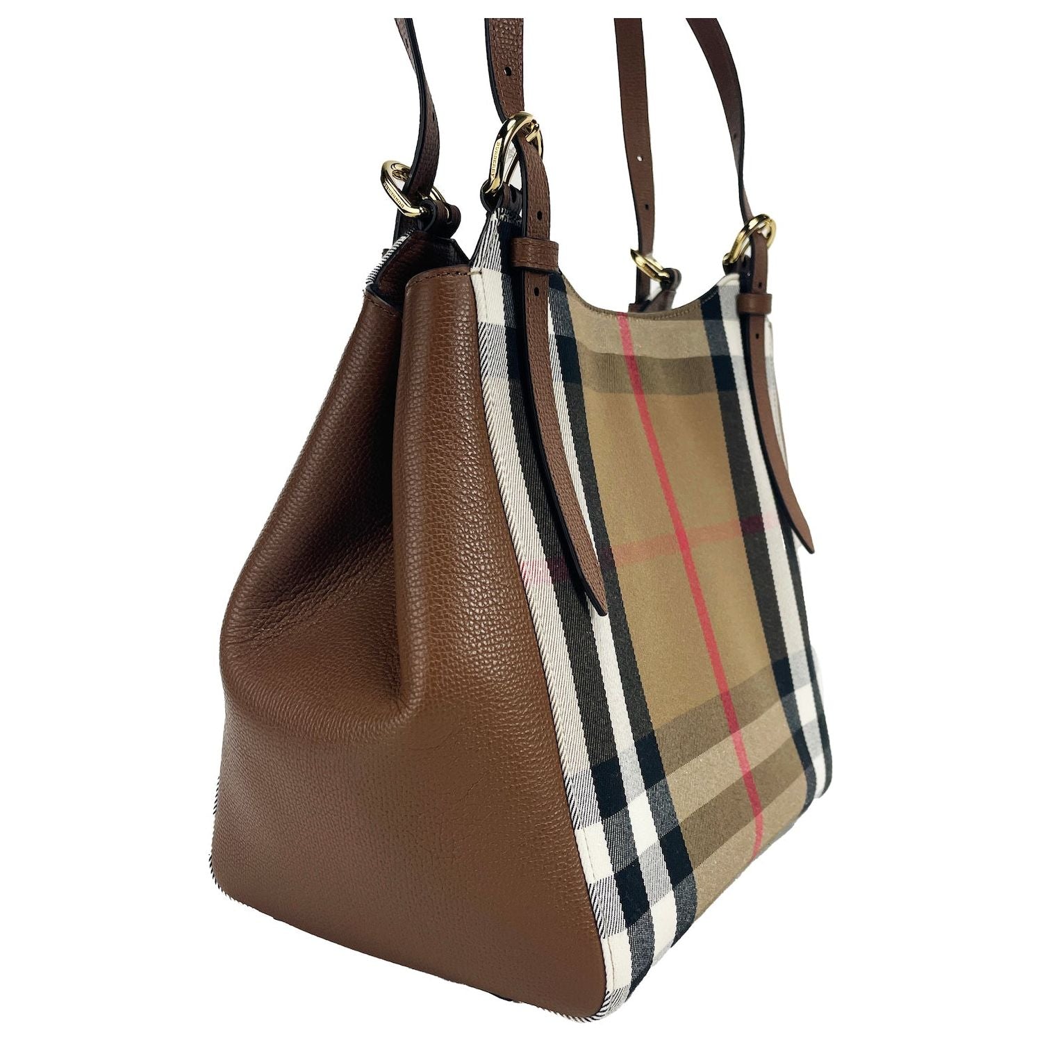 Burberry Small Canterby Tan Leather Check Canvas Tote Bag Purse