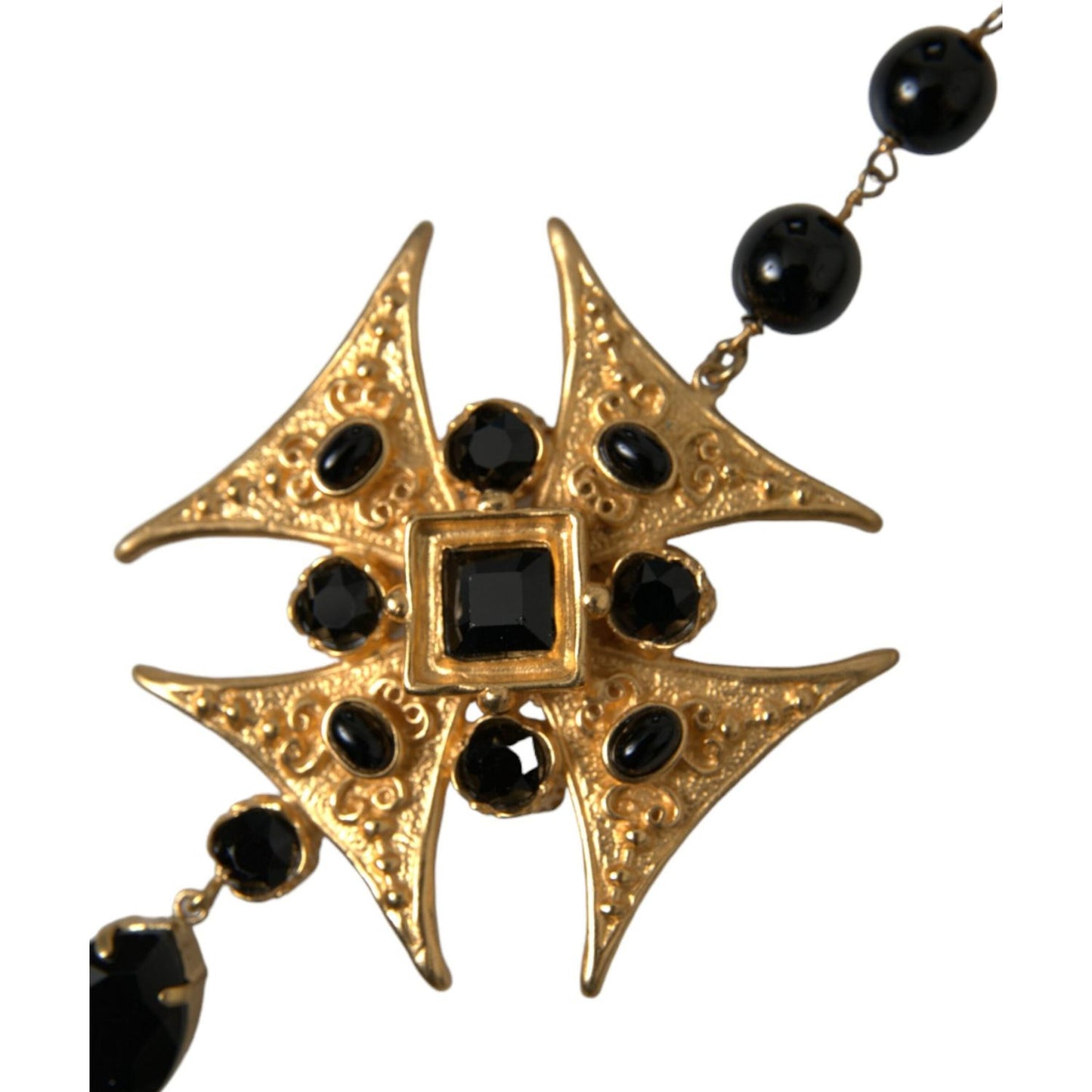 Dolce & Gabbana Gold Tone Brass Cross Black Beaded Chain Rosary Necklace Necklace Dolce & Gabbana