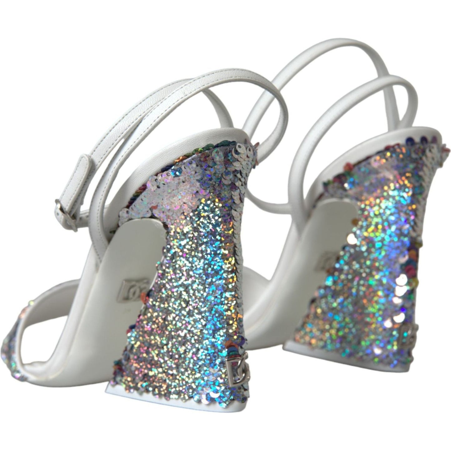 Dolce & Gabbana White Silver Sequin Ankle Strap Sandals Shoes Dolce & Gabbana