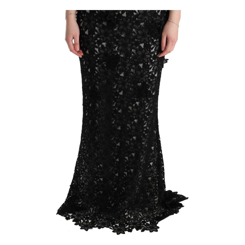 Dolce & Gabbana Elegant Black Maxi Shift Dress with Floral Applique Dresses Dolce & Gabbana