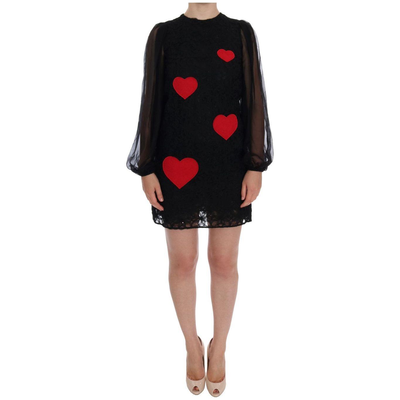 Dolce & Gabbana Black Lace Red Heart Shift Dress