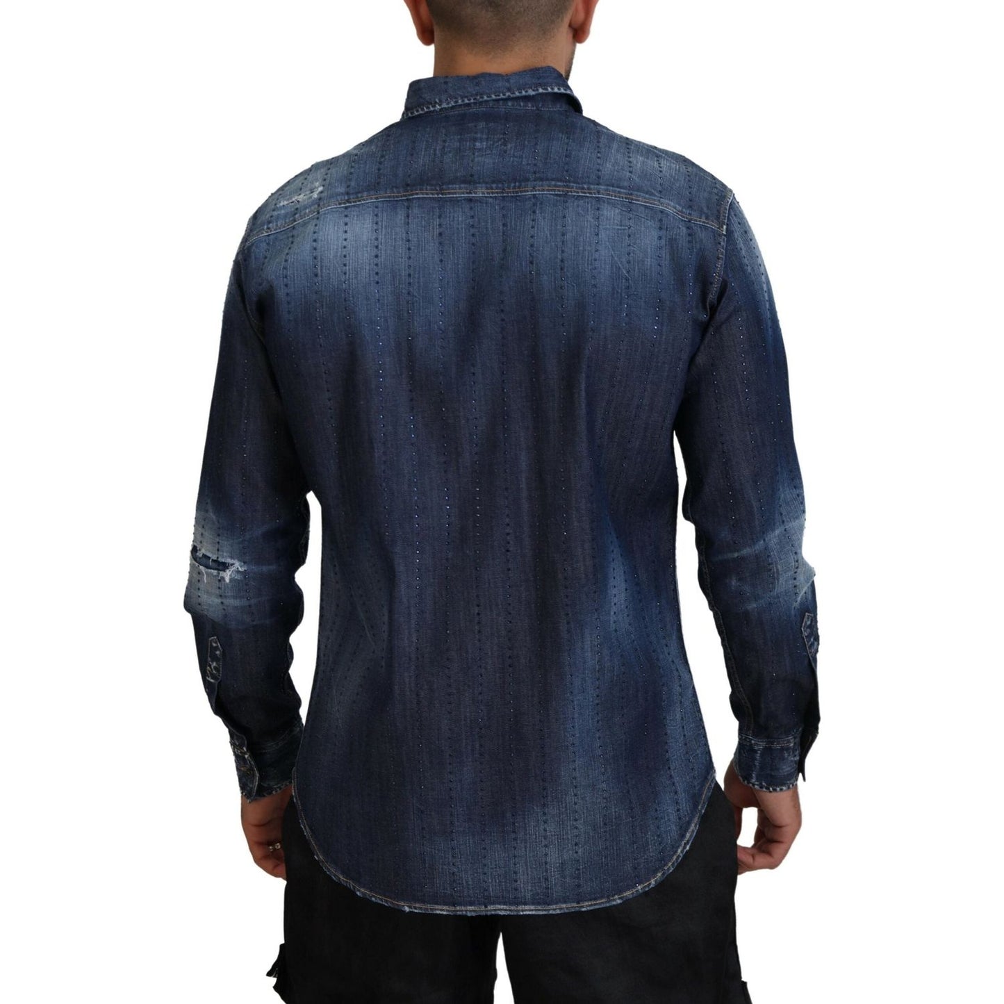 Dsquared² Blue Tattered Crystal Embellished Denim Shirt Dsquared²