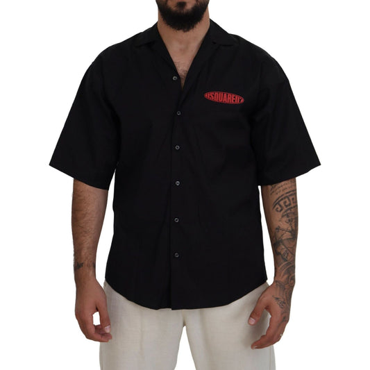 Black Cotton Collared Logo Print Short Sleeve Shirt