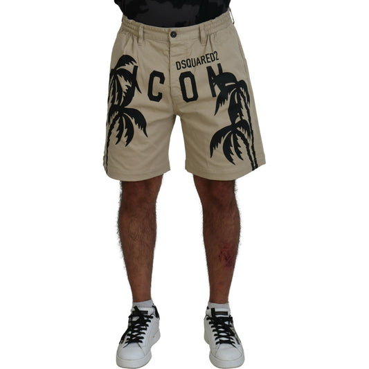 Beige Cotton Logo Printed Above Knee Shorts