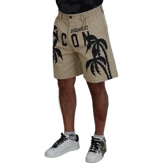 Beige Cotton Logo Printed Above Knee Shorts