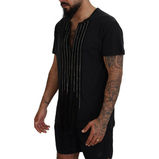 Black Chain Embellished Cotton Short Sleeve T-shirt