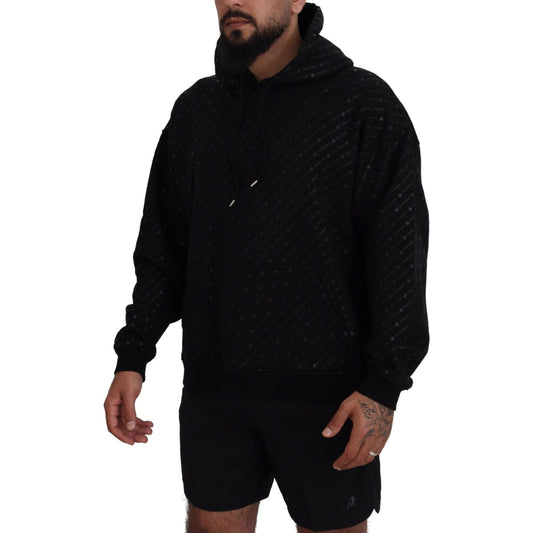 Black Cotton Hooded Printed Men Pullover Sweater