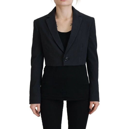 Black Cotton Cropped Button Blazer Jacket