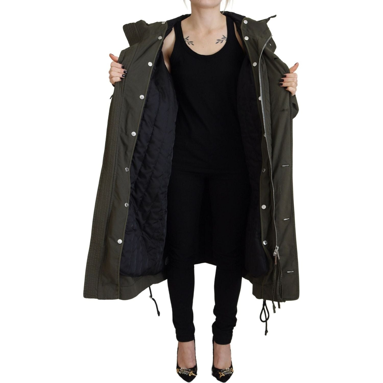 جاكيت باركا طويل بغطاء رأس وسحّاب كامل من Dsquared² باللون الأخضر